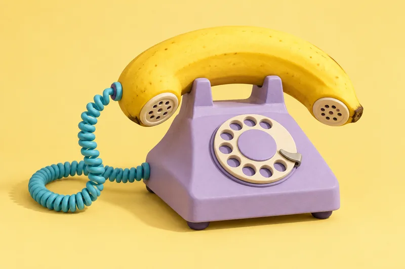 En banan som telefonlur på en lila telefon.