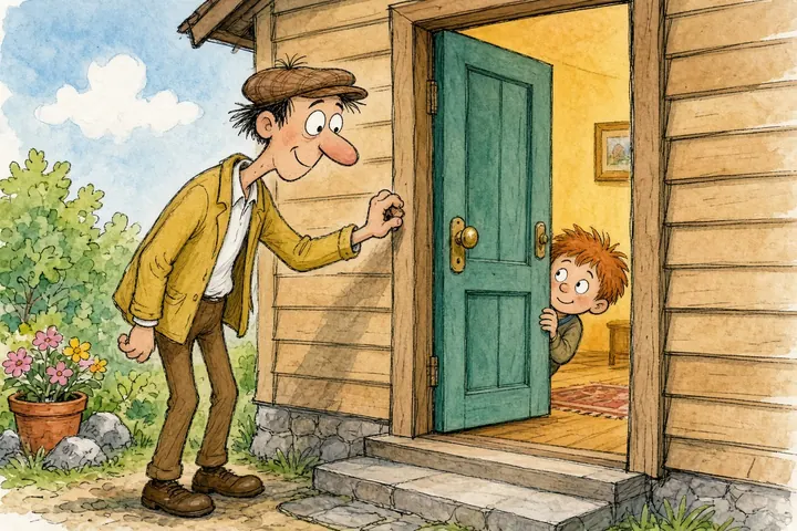 Tecknad bild av en man i gul jacka och keps som knackar på en grön dörr till ett trähus där en pojke med rött hår kikar fram.