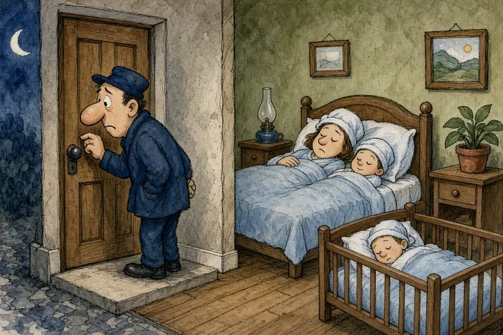 Tecknad bild av en man som står utanför ett hus på natten och kikar in genom ett nyckelhål på en sovande familj i ett rum.