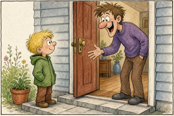 Tecknad bild av en glad man som öppnar dörren och hälsar en liten blond pojke som står på trappan utanför huset.
