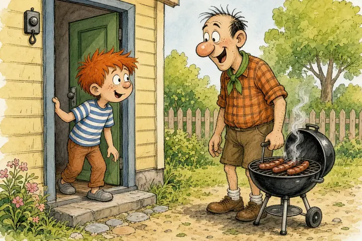 Tecknad bild av en rödharig pojke som står i en dörröppning och tittar på en leende man som grillar korv på en utegrill i trädgården.