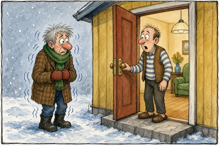Tecknad bild av en man som öppnar dörren för en huttrande äldre man i snöstorm.