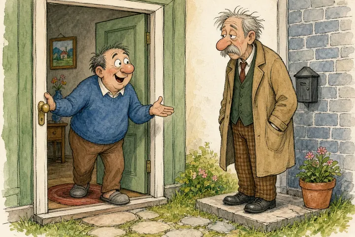 Tecknad bild av en glad man i blå tröja som öppnar dörren och hälsar en äldre man med mustasch som står på trappan.