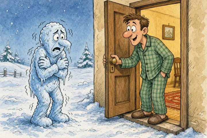 Tecknad bild av en blåsnöig och huttrande snögubbe som står utanför ett hus medan en man i gröna pyjamas öppnar dörren.