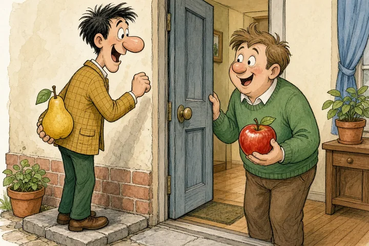 Tecknad bild av en glad man med stort päron som knackar på en blå dörr där en annan glad man med stort äpple öppnar.