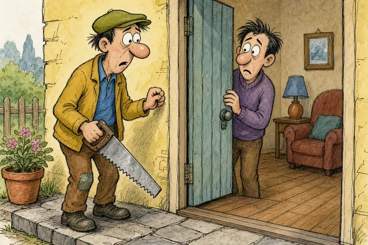 Tecknad bild av en man med såg som knackar på en dörr där en orolig man tittar ut.