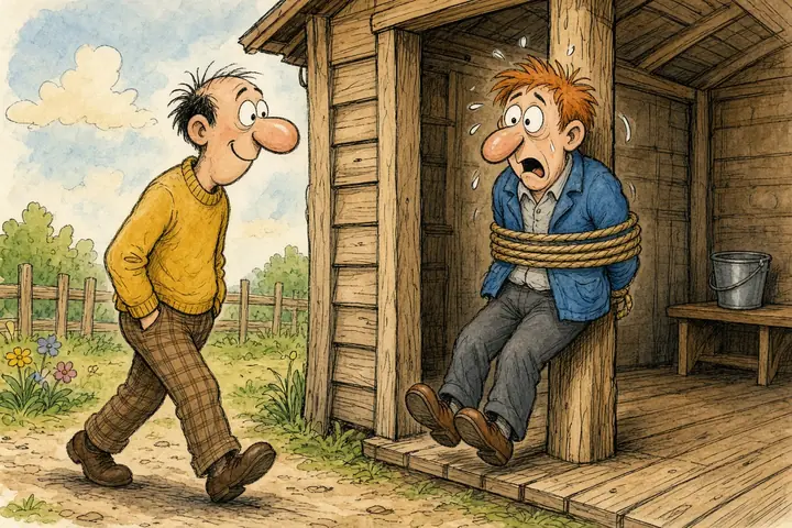 Tecknad bild av en man i gul tröja som går förbi en skräckslagen man bunden vid en stolpe utanför en vedbod.
