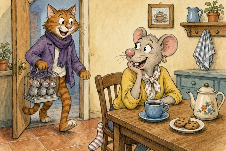 Tecknad bild av en katt i lila jacka som håller en bur med tre möss medan en mus i gul tröja sitter vid köksbordet med kaffe och kakor.
