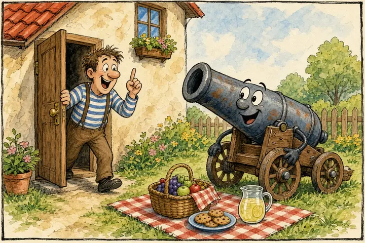 Tecknad bild av en glad man i randig tröja som pekar med fingret mot en leende kanon med armar och ben vid en picknickfilt med korg och lemonad.