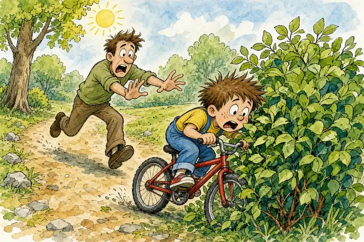 Tecknad bild av en liten pojke som cyklar rakt in i en buske medan pappan springer efter med armarna utsträckta.