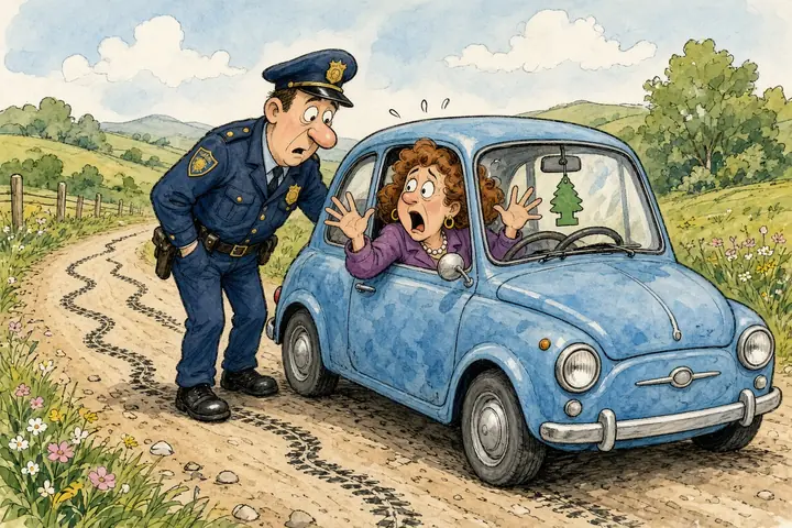 Tecknad bild av en polis vid en bilruta och en förvirrad förare, med en doftgran som hänger i backspegeln.