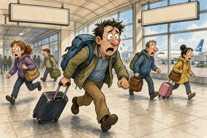 Tecknad bild av en svettig resenär som springer genom en flygplatsterminal med sin resväska, följd av andra stressade passagerare.