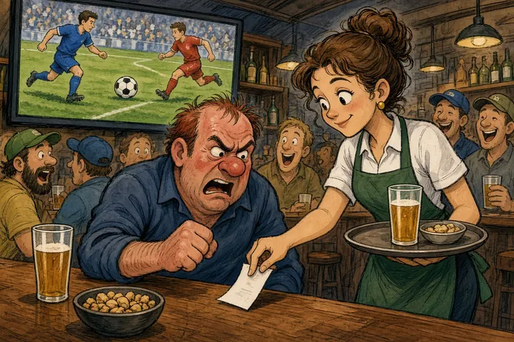Tecknad bild av en otålig man som bankar i bordet på en fullsatt sportbar medan servitrisen räcker honom en nummerlapp.