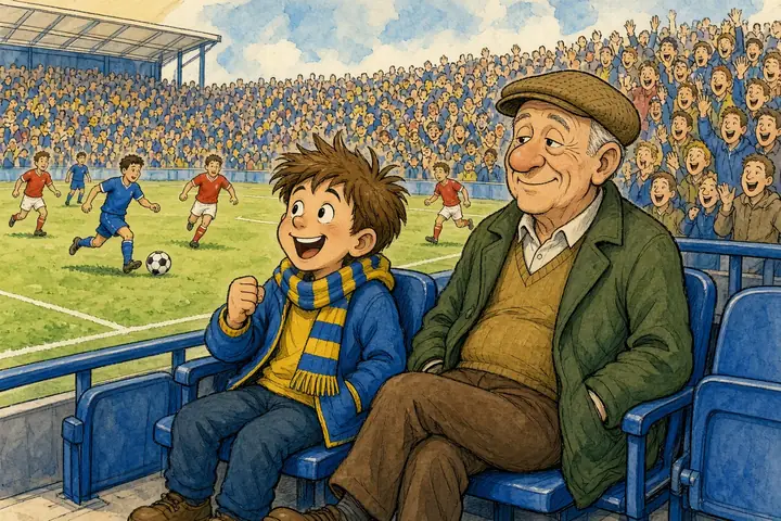 Tecknad bild av en glad ung supporter på en fin plats på fotbollsarenan bredvid en lugn äldre man.