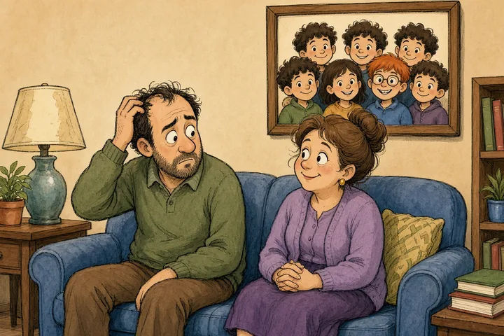 Tecknad bild av ett par i en soffa där mannen kliar sig i huvudet framför ett familjefoto med sju barn, varav ett har rött hår och glasögon.