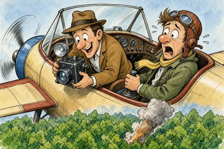 Tecknad bild av ett litet flygplan över en rykande skog där en fotograf med kamera och en nervös pilot tittar på varandra.