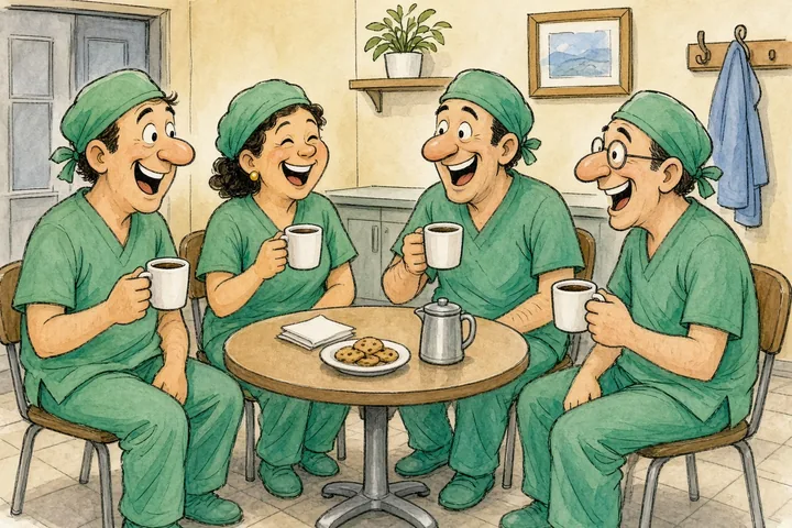 Tecknad bild av fyra kirurger i operationskläder som skrattar och pratar med kaffekoppar i ett fikarum.