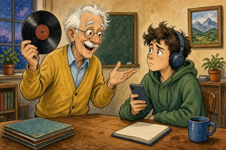 Tecknad bild av en äldre man som förklarar en vinylskiva för en ung kurskamrat med hörlurar och mobiltelefon.
