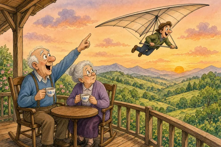 Tecknad bild av en man i hängglidare över gröna kullar och ett äldre par på en veranda som pekar upp mot himlen.