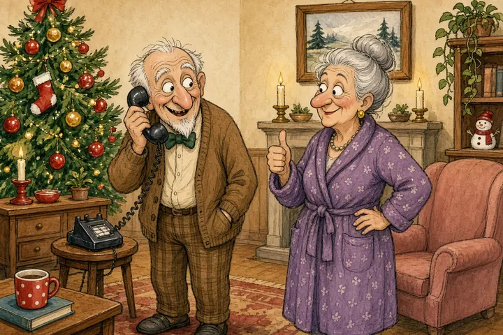 Tecknad bild av ett äldre par i ett juldekorerat hem där mannen pratar i telefon och frun gör tummen upp.