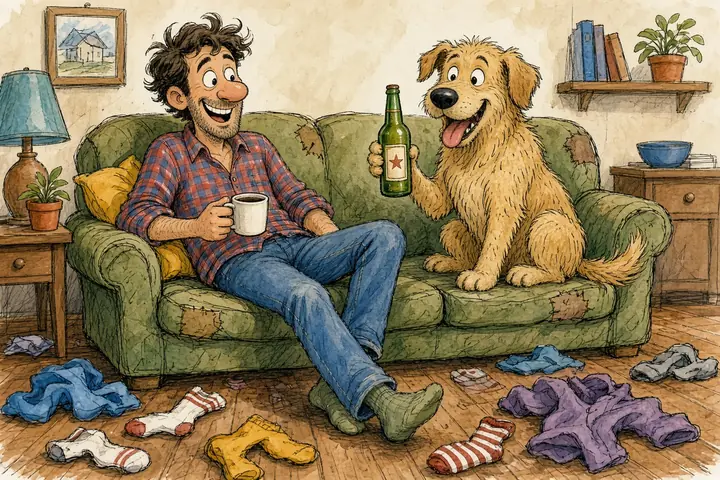 Tecknad bild av en glad man i en soffa bredvid en lurvig hund som håller en flaska, med kläder utspridda på golvet.