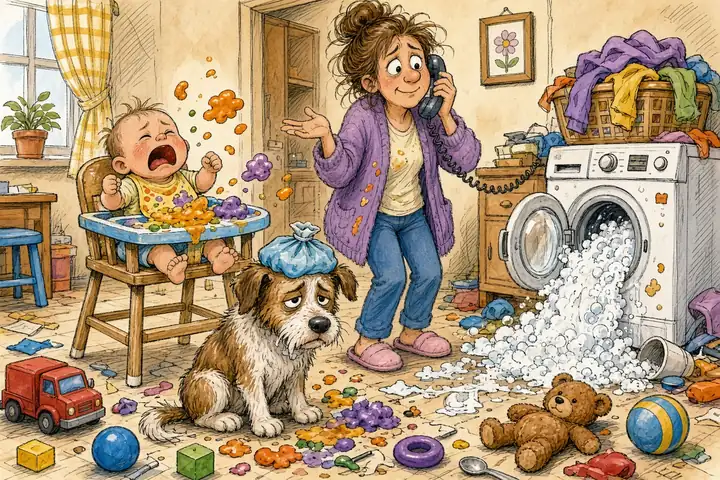 Tecknad bild av en stressad mamma som pratar i telefon i ett stökigt hem med en gråtande bebis, en sjuk hund och en överfull tvättmaskin.
