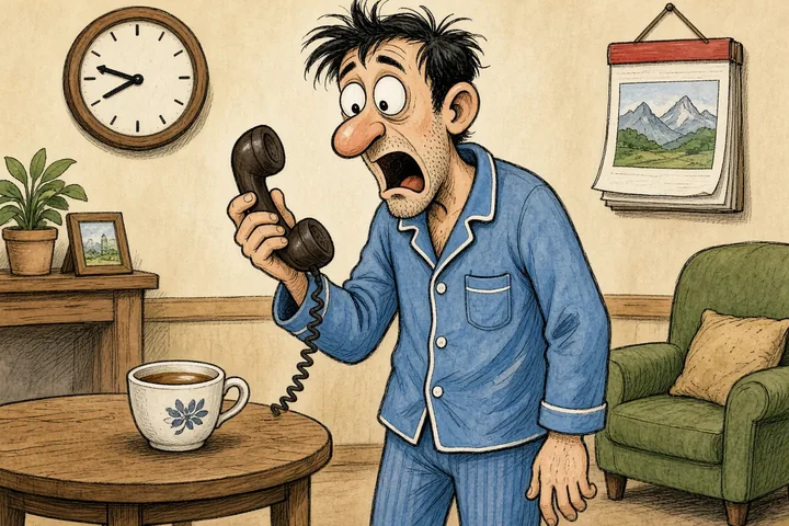 Tecknad bild av en chockad man i pyjamas som håller i en telefonlur.