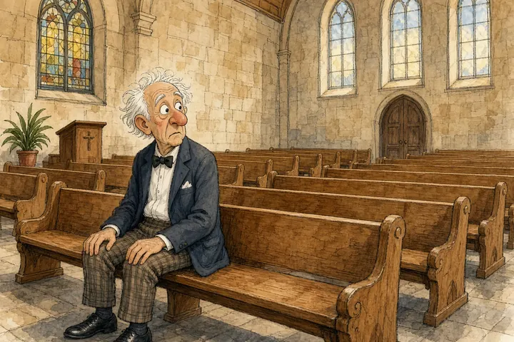 Tecknad bild av en äldre man i finkostym som sitter ensam i en tom kyrka och ser sig förbryllat omkring.