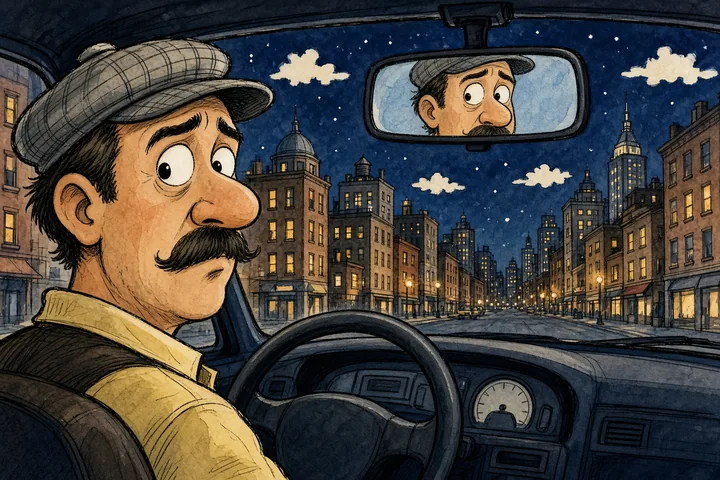Tecknad bild av en taxichaufför på natten som tittar förvånat i backspegeln medan stadens ljus glider förbi.