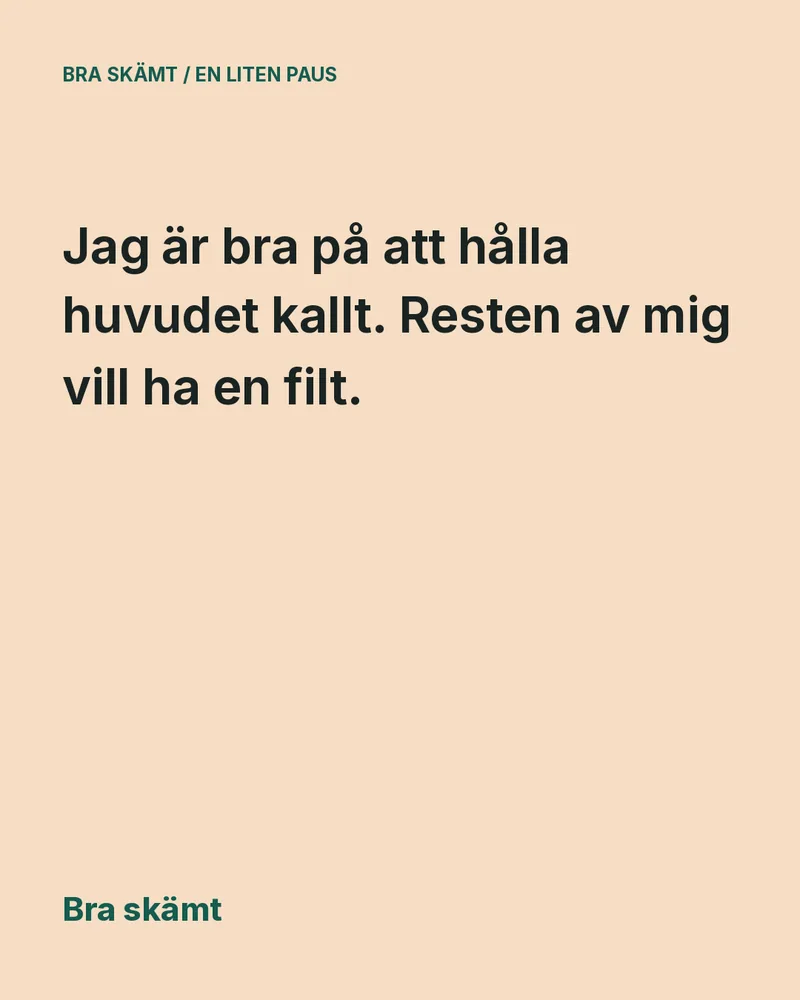 Skämtbild 3 av 6: persikofärgat kort med skämtet i stor text och Bra skämt längst ned.